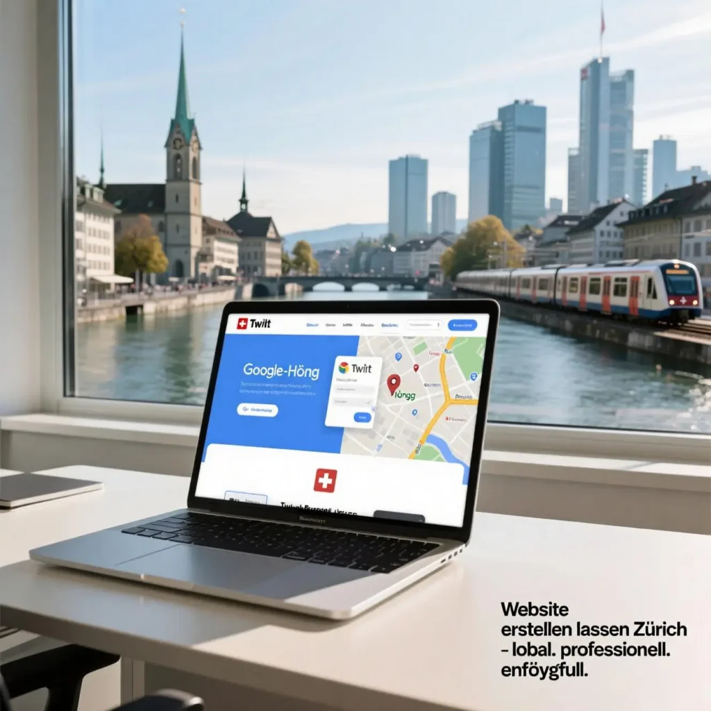 Professionell Webseite erstellen lassen Zürich: MacBook mit responsive Website (Twint-Checkout, Google Maps Höngg), Zürcher Skyline – lokale Webagentur für KMU